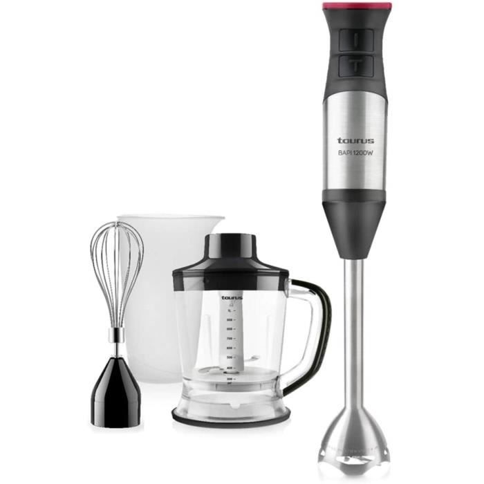 Taurus Bapi 1200 Plus Inox - Mixeur plongeant multifonction 3 en 1 1200W, 20 vitesses réglables + Turbo, bol mesureur, bol hachoir e