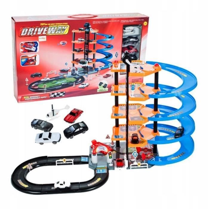 Circuit de Voiture Garage Educatif 4 voitures + 1 hélicoptère + 53 Modules DIY Jouet Véhicules pour enfants L0480
