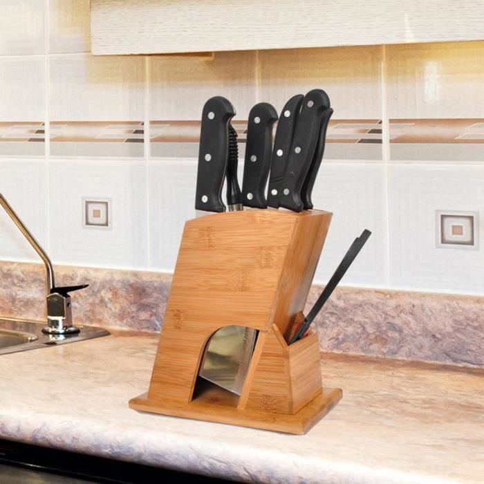 Ustensile de cuisine Bloc de couteaux Porte-couteau en bambou multifonctionnel à 7 fentes avec coussin antidérapant pour un