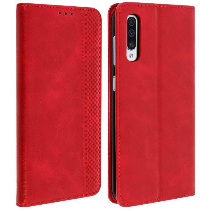 Housse Samsung Galaxy A50 Etui Coque Effet Vieilli Porte-cartes Support - Rouge