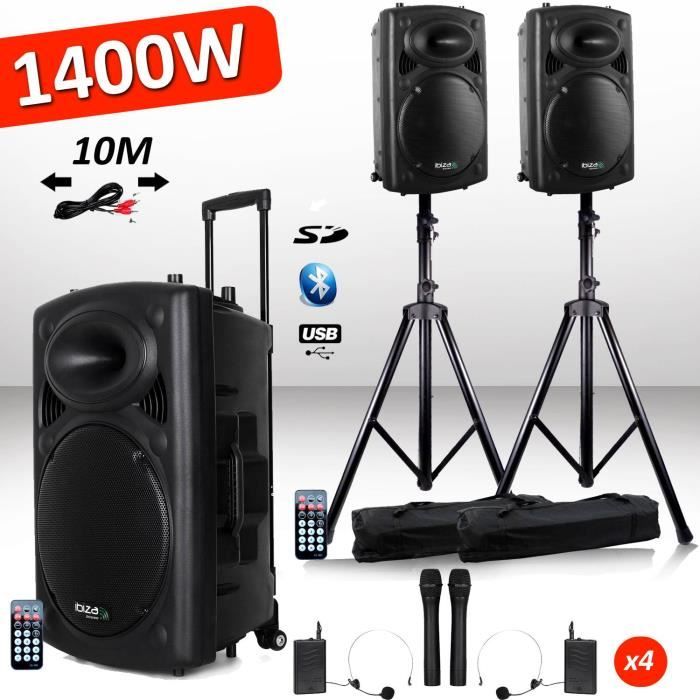 Système Actif Amplifié Batterie 1400W Port12 VHF Sonorisation karaoké Musiciens DJ USB Bluetooth Mobile + Pieds