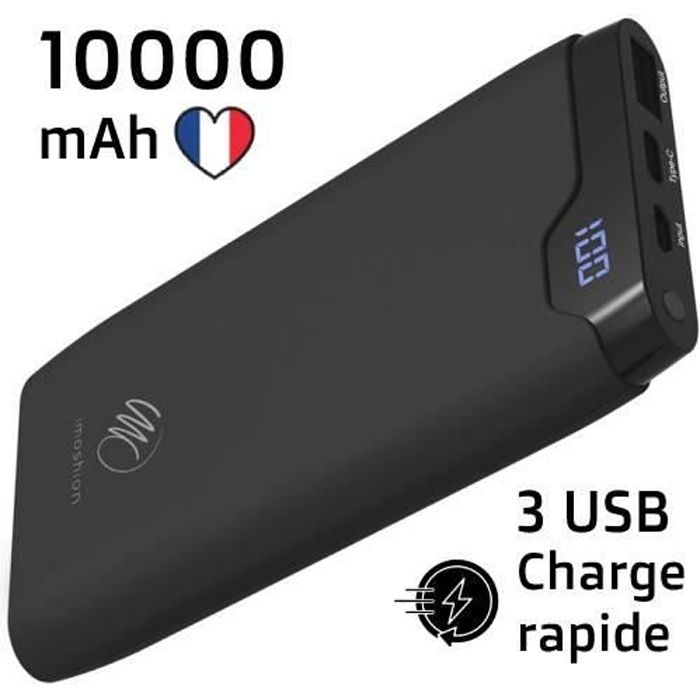 IMOSHION® Batterie Externe 10000mAh Recharge Rapide USB-C micro-USB USB-A Power Bank Noir
