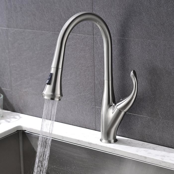 Robinet Cuisine Mitigeur Avec Douchette Pivotant 360 Degrés Evier Couleur Alu Brossé Laiton Qualité Professionnel
