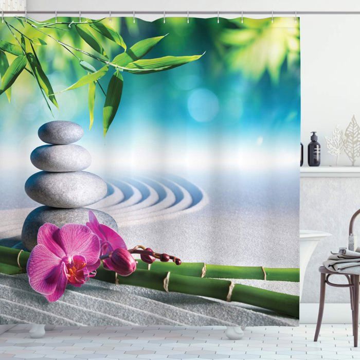 Rideau de douche ZEN galets bambous fleur et leurs reflets dans l'eau anneaux inclus 3D imperméable 180 x 200 cm