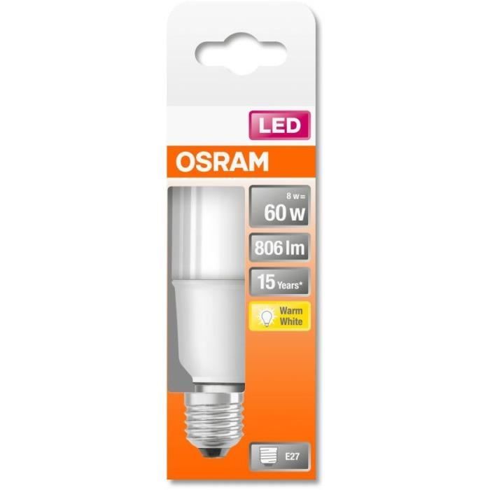 OSRAM Ampoule Stick LED dépoli avec radiateur - 8W équivalent 60W E27 - Blanc chaud