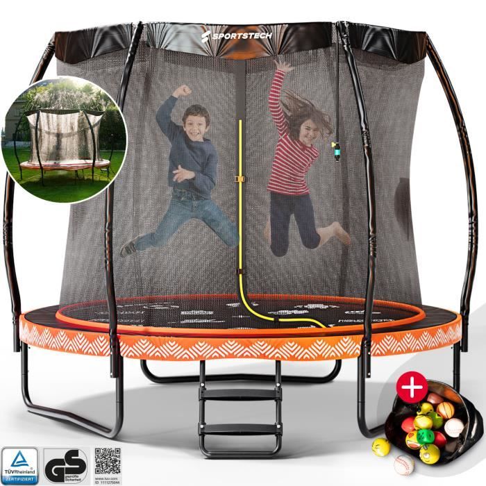 Sportstech HTX500 Trampoline d'extérieur avec arroseur à 360° + tapis de saut cool | filet de sécurité | Ø 244/305 cm pour enfants