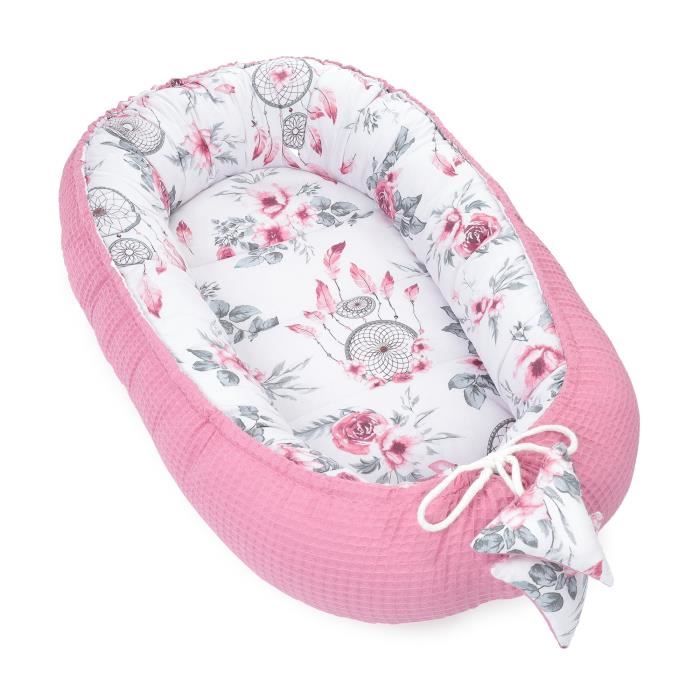 Réducteur Lit Bébé 90 x 50 cm - Cocon fait à la main des deux côtés en coton Piqué Gaufré Rose Foncé et Motif Attrape-rêves