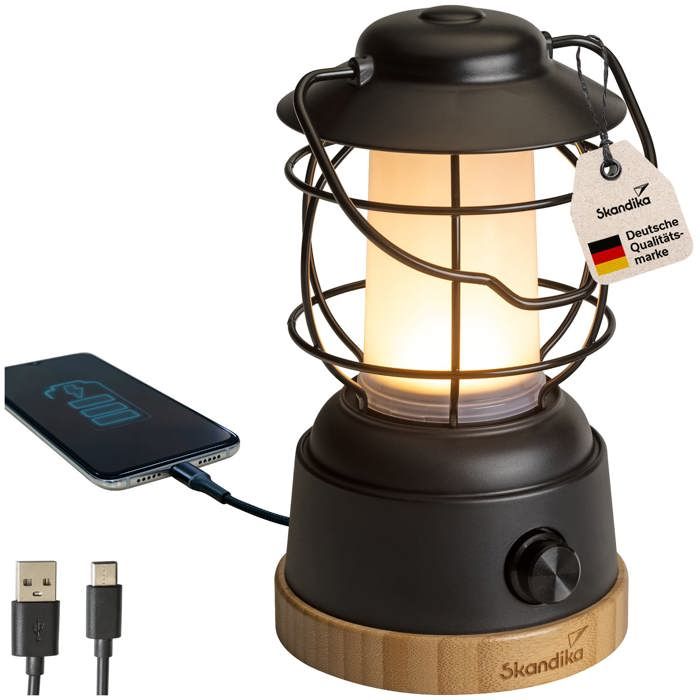Lampe lanterne de camping LED Skandika Kiruna Jord - Rechargeable - USB - Bambou - powerbank - sans fil - max 200 heures déclairage