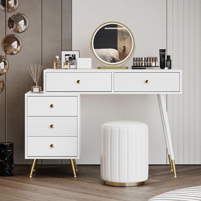 Table De Coiffeuse Moderne Blanche – MDF – Avec Miroir Et 4 Tiroirs – Bestpriceparts