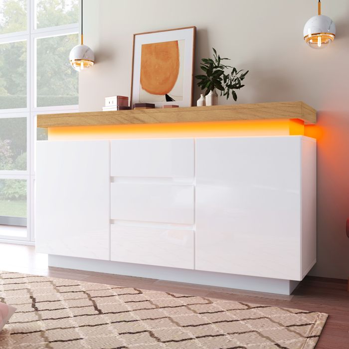 Commode Chambre 2 Portes 3 Tiroirs Buffet Blanc Brillant Moderne à Eclairage LED Armoire Salon Polyvalente 140x39x81cm