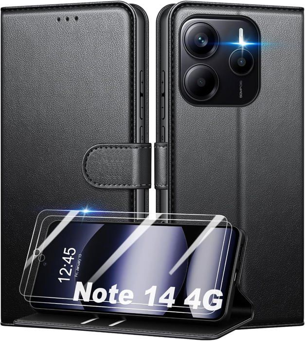 Coque pour Xiaomi Redmi Note 14 4G (Pas pour 5G) Pièces Verre  Trempé,Pochette de Portefeuille Etui à Rabat Noir TECHTA