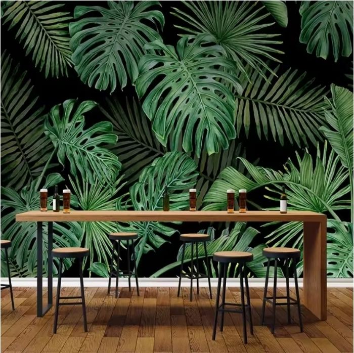 Papier Peint Panoramique 3D tropical plantes feuilles vertes photo fond ...