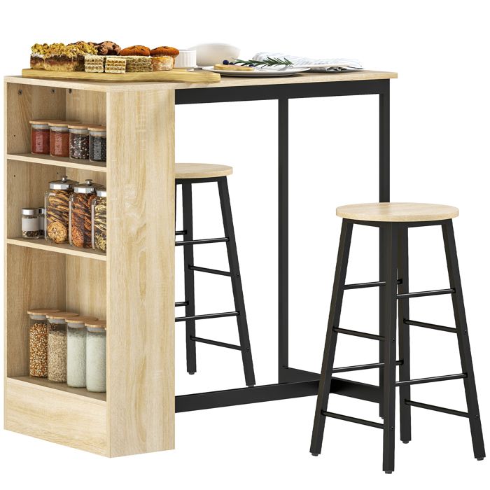 Ensemble table de bar avec tabourets - HOMCOM - compartiments ouverts étagère réglable et repose-pieds chêne et noir