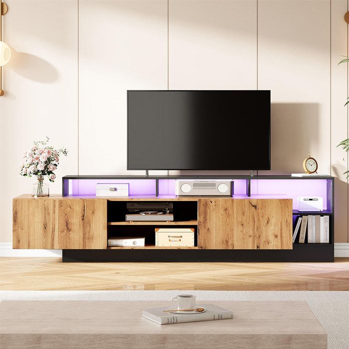 Meuble TV pour téléviseurs 70 pouces espace de rangement ouvert avec affichage LED noir