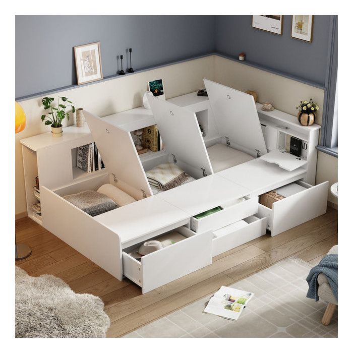 Lit Enfant Rembourré 90x200 cm avec Sommier à Lattes lit 1 personne avec Tiroirs BibliothèQue et Armoire de Rangement Blanc