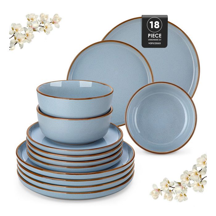 vancasso Vaiselle LOIRE 18 Pièces Assiettes Service Complet Glaçure au Sésame Brillant 6 Personnes - Bleu vancasso Vaiselle LOIRE 18 Pièces Assiettes Service Complet Glaçure au Sésame Brillant 6 Personnes - Bleu