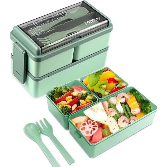 Boîte à Déjeuner - Boîte Bento 1400 Ml - Pour Adultes Et Enfants Boite A Dejeuner Avec Compartiments Et Couverts Plastique Convient Au Micro Ondes Anti Fuite Vert 84179768