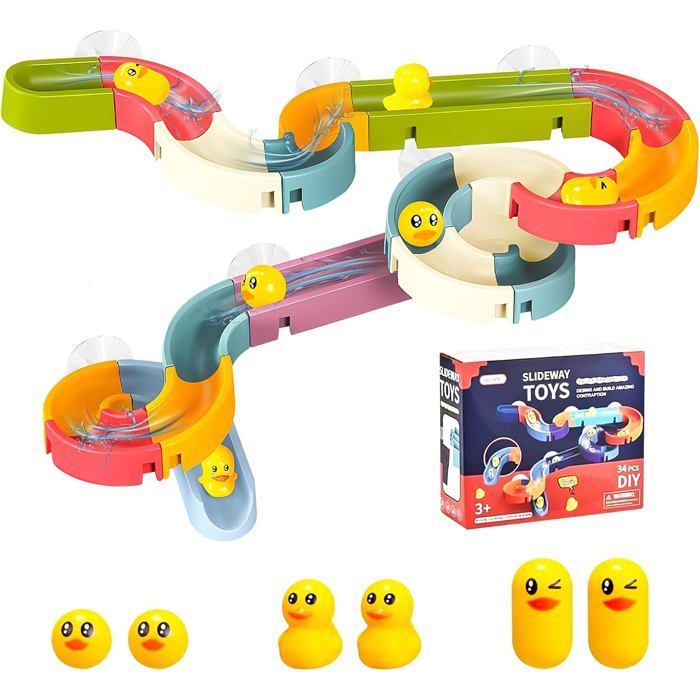 RisingFF Jouets de bain, 34 pièces, balles, jeu de piste, moulin à eau, toboggan, jouet de baignoire avec ventouses - Maison