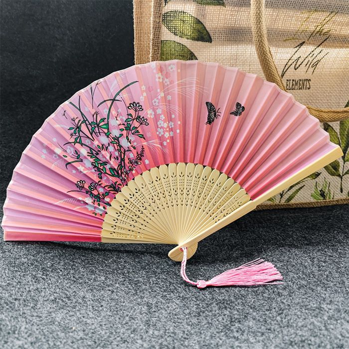 ®TONLRGY Éventail en bambou avec pompons parfait pour les mariages les bals etc. Fleurs de papillons volants roses