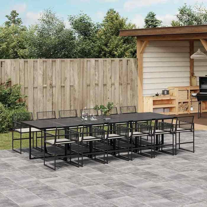 Ensemble à manger jardin - vidaXL - 13 pcs - Résine tressée - Coussins noirs - Verre trempé