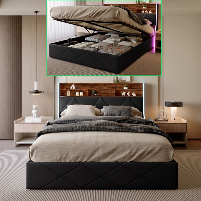 Lit coffre 140x200 avec sommier LED USB/Type-C – Tête de lit avec rangement – Lit adulte/ado 2 personnes rembourré – PU – Noir