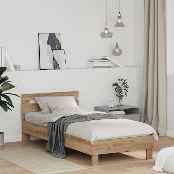 Cadre de lit en bois dingénierie - vidaXL - Chêne artisanal - 193x80x70 cm - Cadre à lattes - Tête de lit intégrée