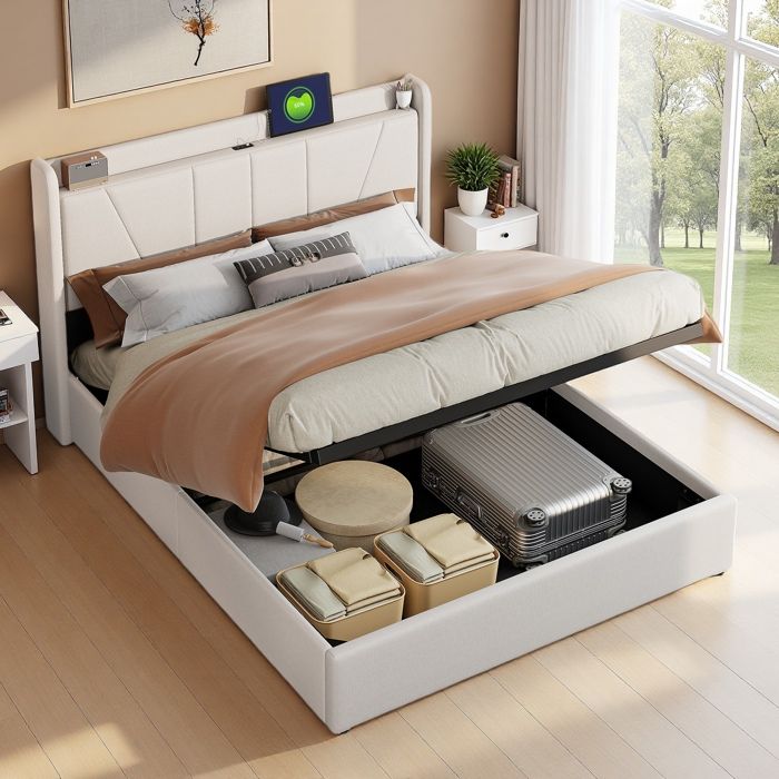 Lit coffre 140x200cm avec chargement 2 USB Type-C Structure de lit avec sommier à lattes Lit Double Tissu de Lin blanc