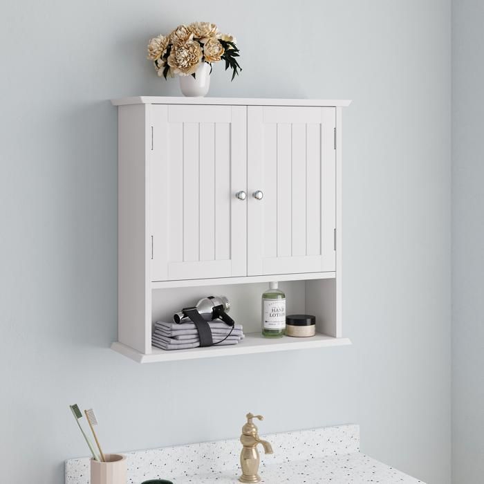 Armoire murale de salle de bain - Blanc - MDF - 54.6x19.8x59.9 cm - Imperméable - Étagères réglables