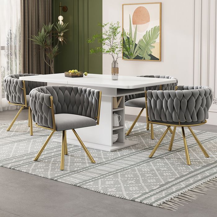 Chaises pivotantes lot de 4 - Chaises de salle à manger avec accoudoirs - Pieds métal - Structure doré - Tissu velours - Gris