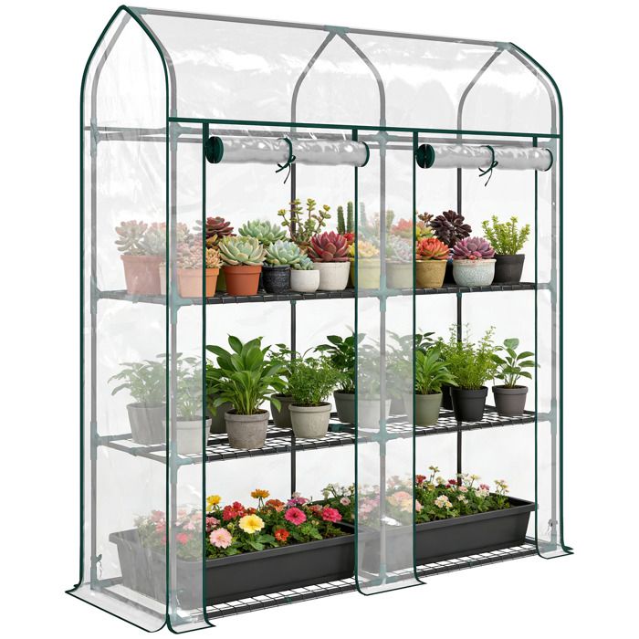 Serre de Jardin - Outsunny - Bâche PVC Châssis Acier - Porte Roulante - étagères 3 niveaux - pour Légumes Fleurs - transparent