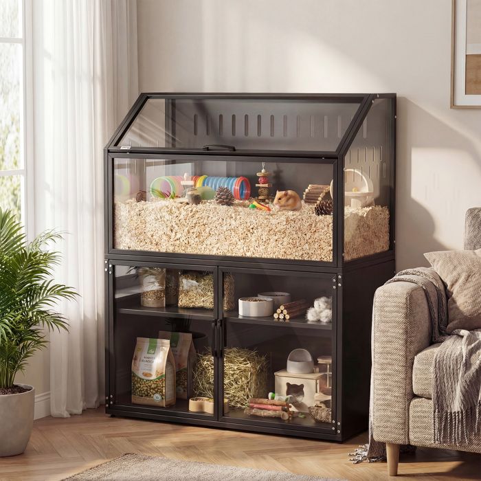 Cage Hamster 2-en-1 avec Armoire de Rangement pour Rongeur Hamster Syrien et Souris Acier et Acrylique Noir