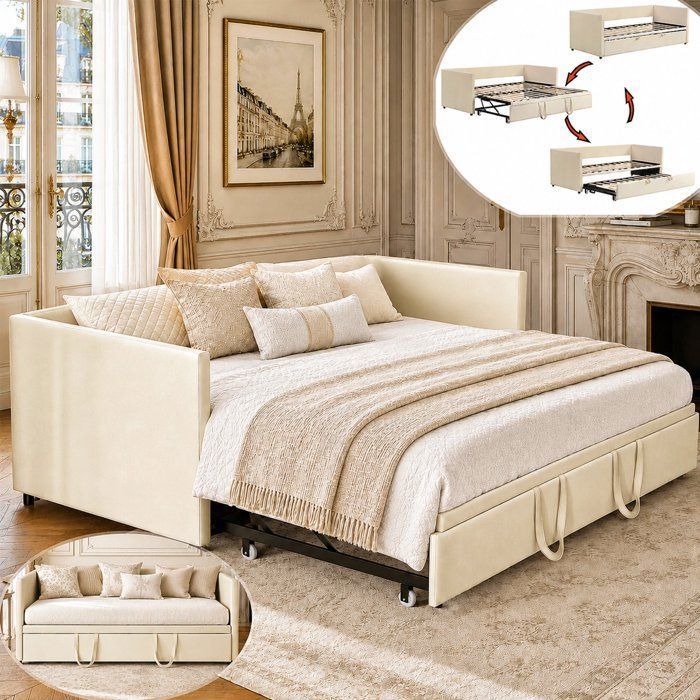 Lit gigogne 90x200 /180x200 cm 2 placesCanapé-lit extensible avec sommier à lattes Lit 2 places convertibleVelours Beige