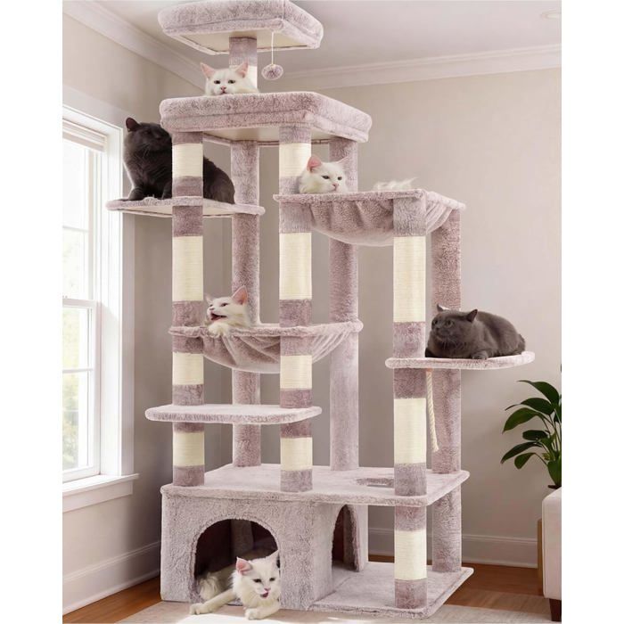 Arbre à chat - JOZSI - 180 cm de haut - Base 70x50 cm - Plateforme XL - Grande maison pour chat - 2 hamacs