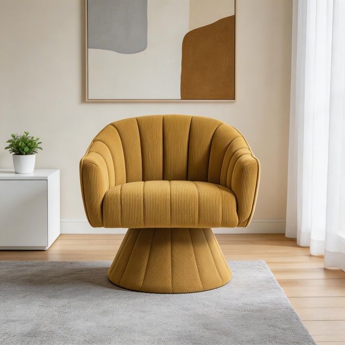 Fauteuil pivotant - 360° - Velours côtelé - Dossier ergonomique enveloppant - Jaune moutarde