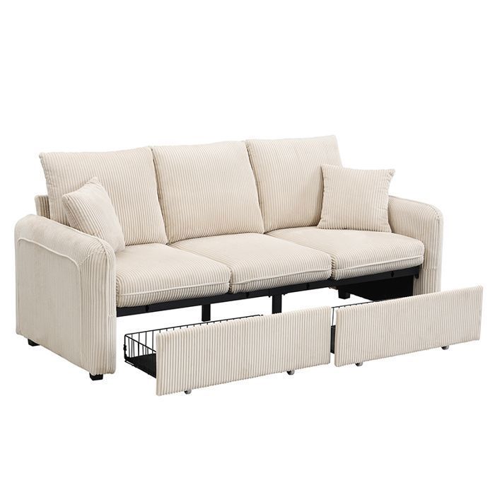 LPOSPI Canapé modulaire convertible 3 places avec rangement - 2 poufs coffre couchage d’appoint velours côtelé beige
