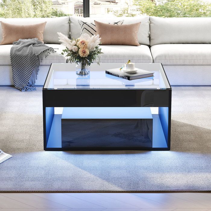 Table basse LED 70 cm noir brillant – Avec 2 tiroirs design ajouré et verre trempé