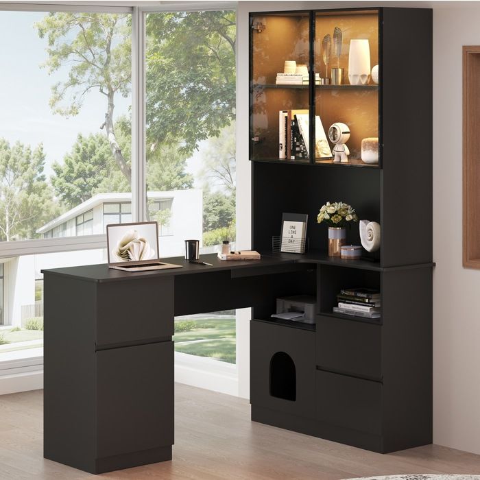 Bureau dangle EVRYAE 120 x 80 x 180 cm avec bibliothèque intégrée vitrine LED 3 tiroirs 2 portes noir