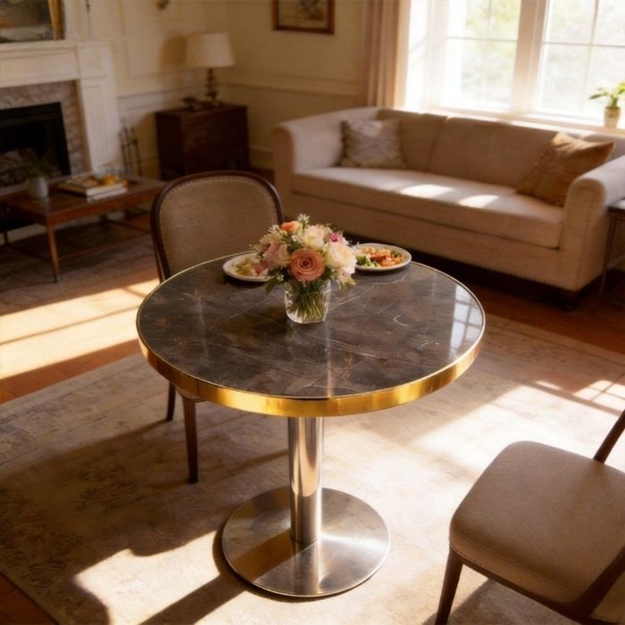 Table dappoint ronde - Plateau imitation marbre - Cadre acier inoxydable doré - Dimensions 60x60x74 cm - Poids 12.94 kg