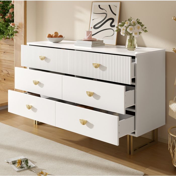 ELVORIN Buffet 6 tiroirs 120 x 40 x 75 cm MDF blanc poignees en alliage de zinc dore et pieds en acier