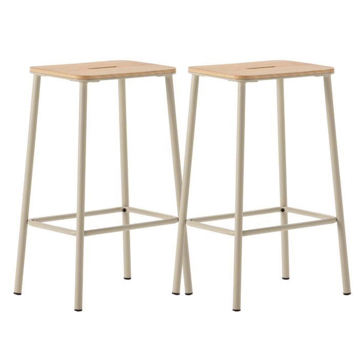 Lot de 2 tabourets de bar H65cm en bois naturel pied en métal beige - BAHIA Lot de 2 tabourets de bar H65cm en bois naturel pied en métal beige - BAHIA