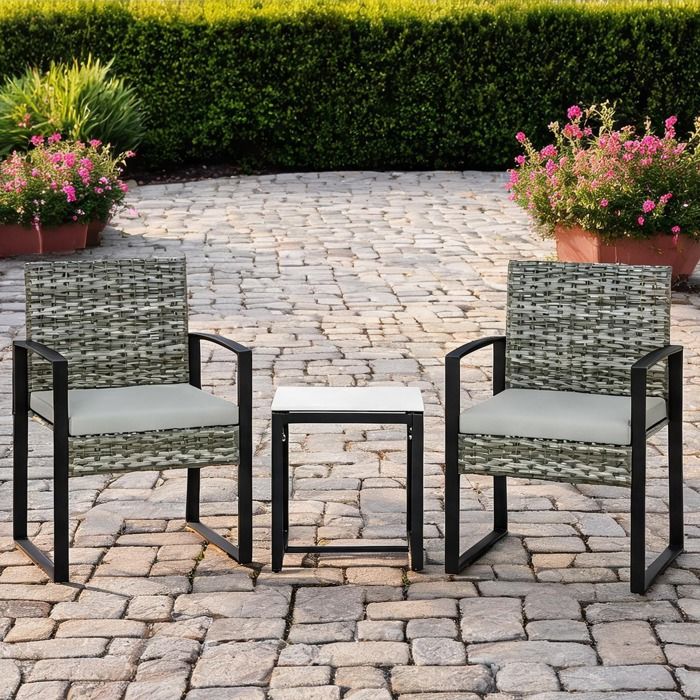 Ensemble de jardin bistro 3 pièces en résine tressée gris classique 2 chaises et table en verre trempé idéal pour terrasse
