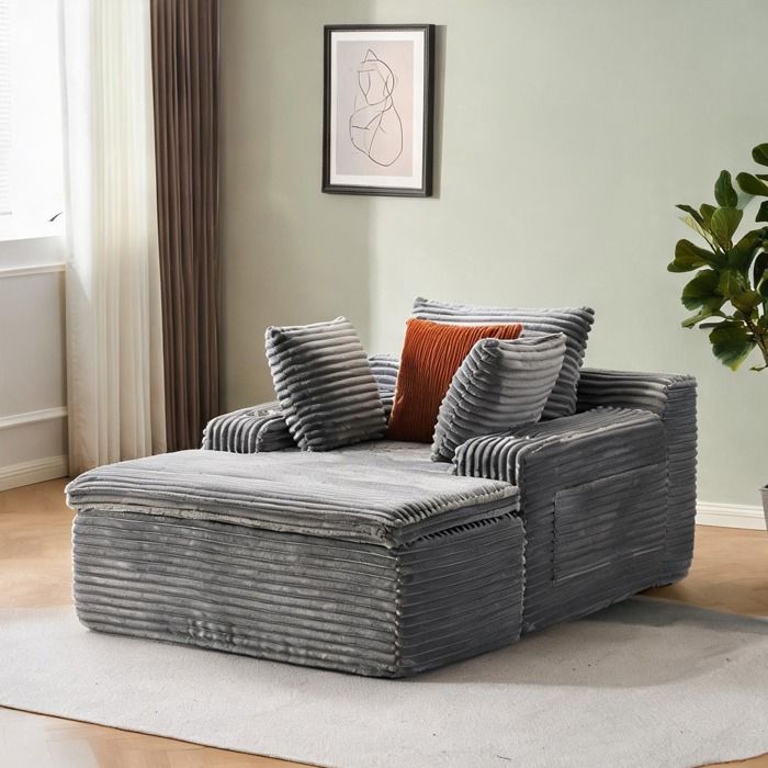 Canapé nuage convertible XL en velours côtelé gris ton sur ton – 3 places avec coussins et plaid intégré 165 cm