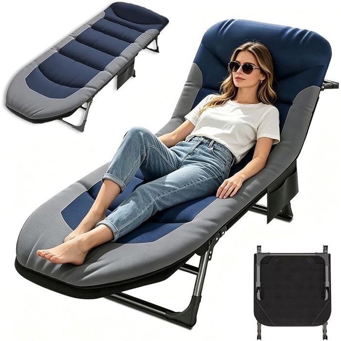 Chaise Longue Jardin Exterieur Transat Jardin Exterieur avec 6 Dossiers Réglables Chaise Longue Pliable avec Poche Latérale(Bleu