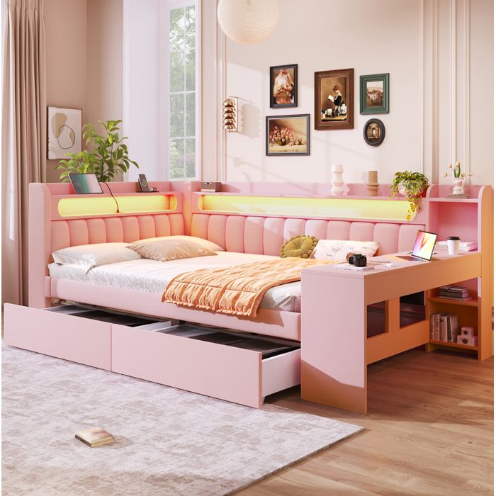 Lit Combiné 2 Places 140×200 cm Bureau 2 Tiroirs USB et LED - ELVMI - Sans Matelas Tissu Rose