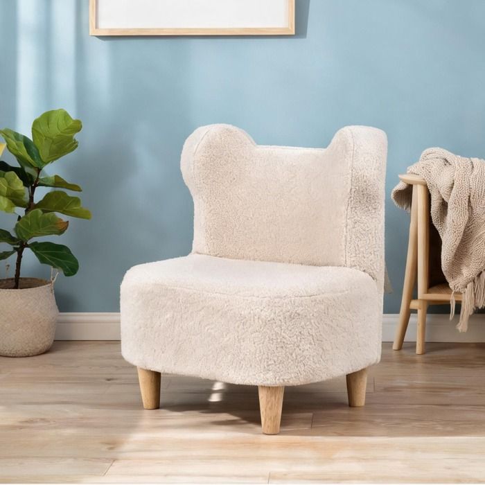 Fauteuil enfant en peluche beige avec oreilles dours et structure bois massif
