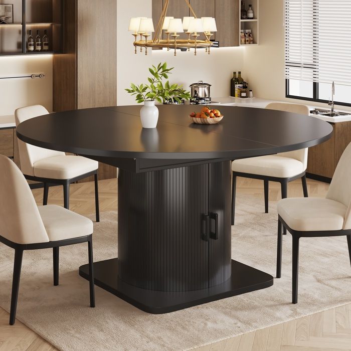 Table à Manger Extensible Ronde - Noire - avec Rangement Caché et Porte-Verres Table Pliante de Cuisine Table à Manger Extensible Ronde - Noire - avec Rangement Caché et Porte-Verres Table Pliante de Cuisine