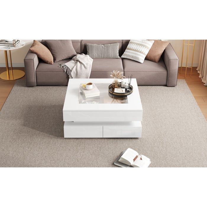 Table basse carrée blanche brillante 70 x 70 x 35 cm avec plateau en verre LED et 3 tiroirs