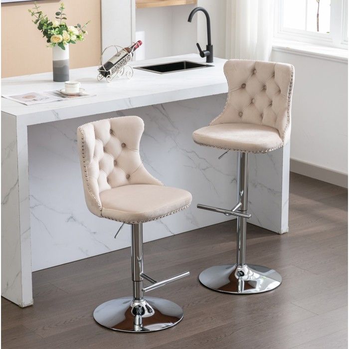 Lot de 2 Tabourets de Bar Pivotants avec Hauteur Réglable 63-84 cm et Dossier Capitonné en Velours Beige