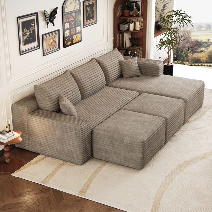 Canapé dangle L modulable en velours côtelé avec 3 poufs combinable librement longueur 241 cm style scandinave 4 places camel