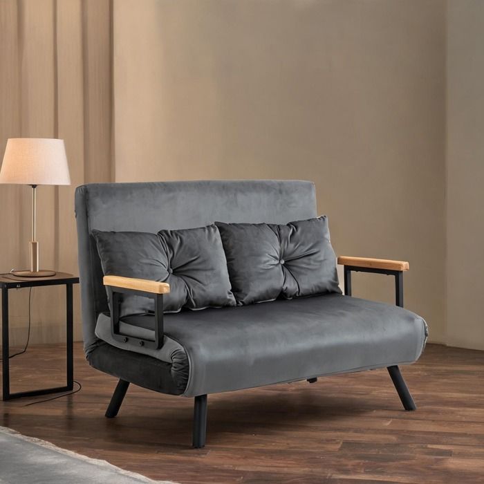 Canapé convertible 2 places en polyester gris – dossier réglable 5 positions et design 4 en 1